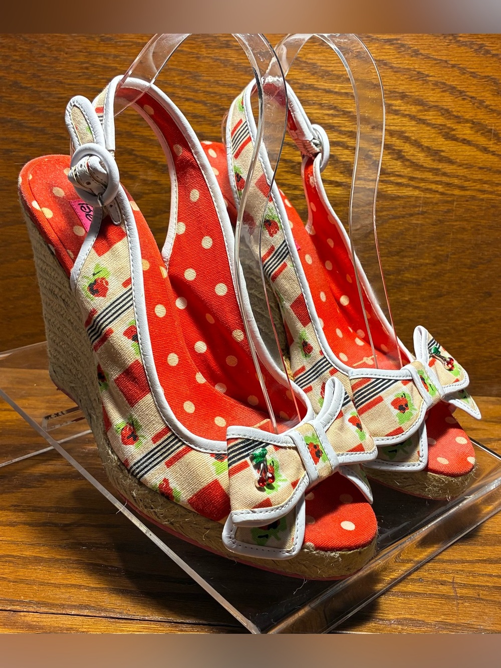 Y2K Vintage Betseyville Cherry Print Bow Slingback Espadrille Wedges Size 8.5 - Picture 4 of 13